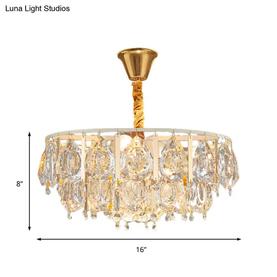 Contemporary Round Teardrop Crystal Hanging Light Kit: 3/4 Lights Gold Chandelier 16’/19.5’ Wide