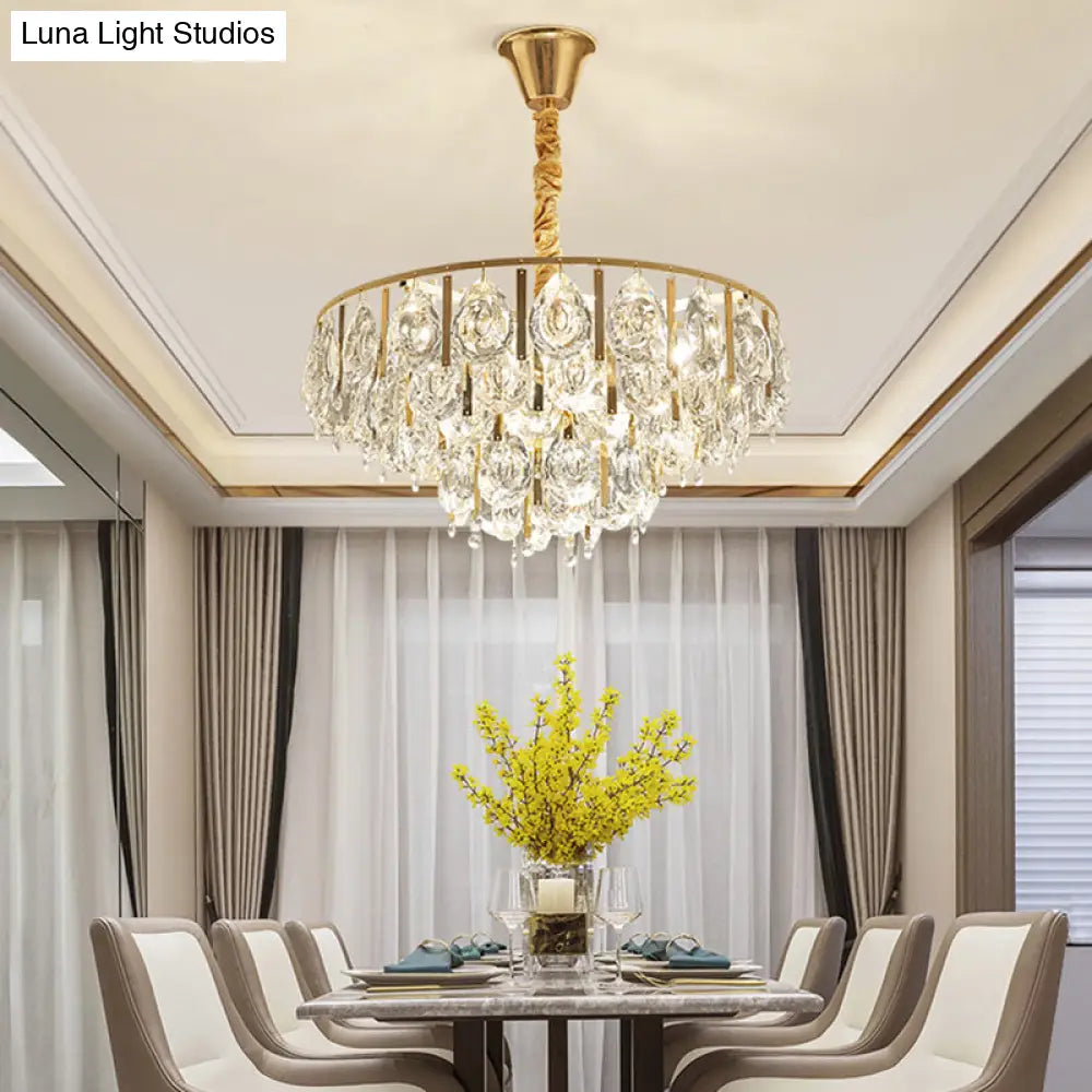 Contemporary Round Teardrop Crystal Hanging Light Kit: 3/4 Lights Gold Chandelier 16’/19.5’ Wide