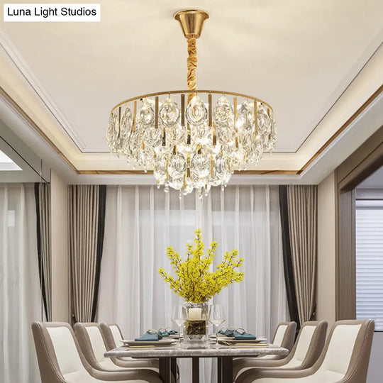 Contemporary Round Teardrop Crystal Hanging Light Kit: 3/4 Lights Gold Chandelier 16’/19.5’ Wide
