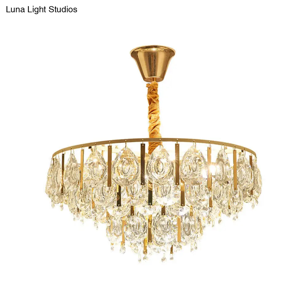 Contemporary Gold Chandelier: Round Teardrop Crystal Hanging Light Kit 3/4 Lights 16/19.5 Wide