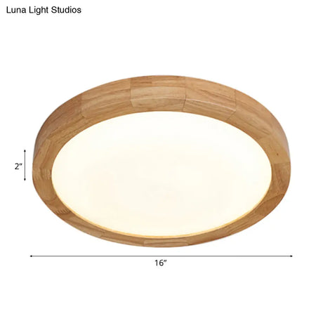Contemporary Round Wood Flush Light Fixture For Bedroom - Single Ceiling Lamp (12’/16’ Dia) In