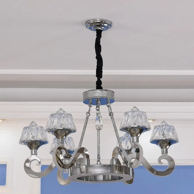 Contemporary Scrolled Arm Ceiling Light With Clear Crystal Block 6-Bulb Chandelier In Chrome Finish