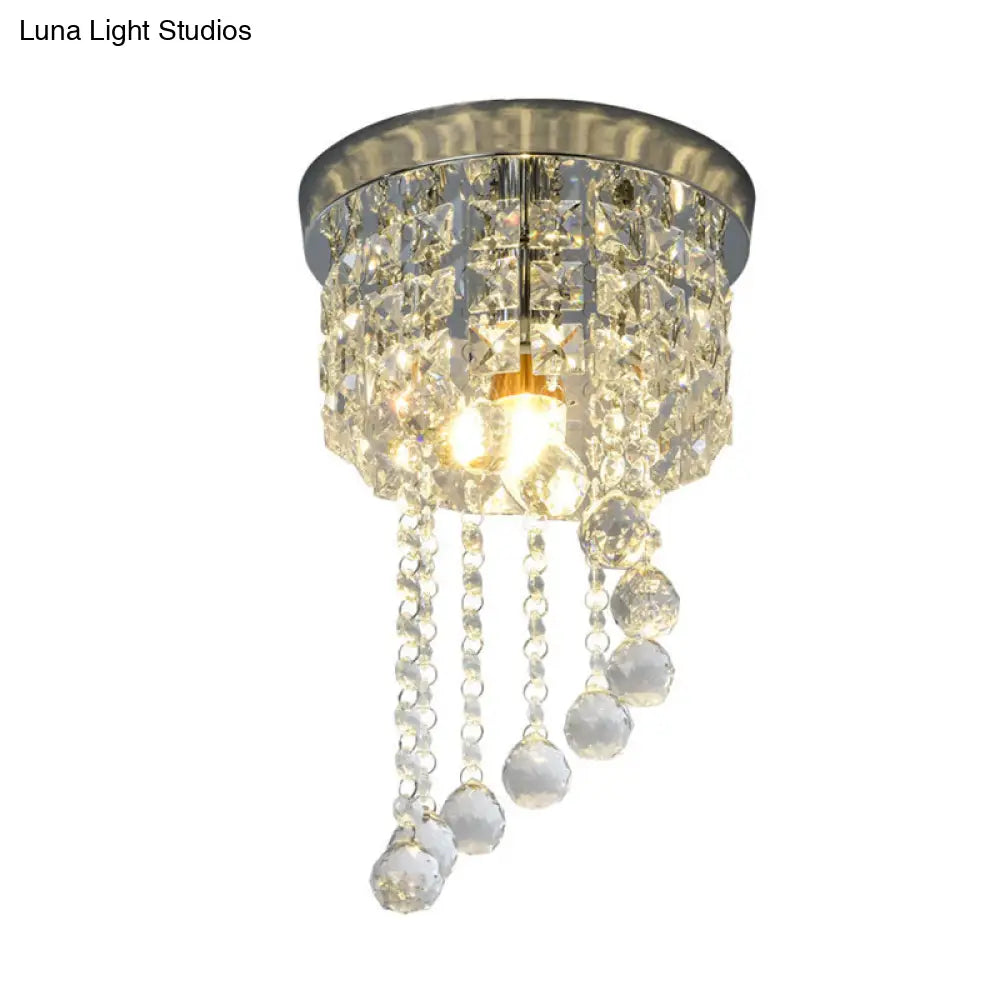 Contemporary Silver Round Crystal Flush Mount Ceiling Light - 1 - Light For Living Room