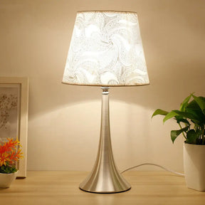 Contemporary Silver Table Lamp With Empire Shade Print Fabric - 1-Light Nightstand Light / Long Cone