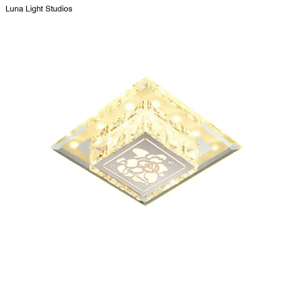 Contemporary Square Led Flush Light With Crystalline Facets In Chrome Elegant Flower Pattern