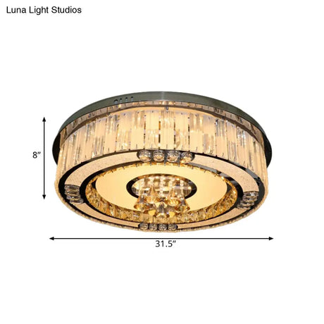 Contemporary Stainless - Steel Drum Flushmount Led Ceiling Light With Crystal Blocks