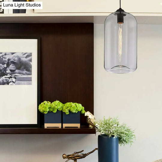 Contemporary Glass Cylinder Pendant Light - 1 Black Hanging Fixture With Clear Amber And Smoky