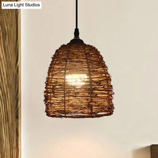 Contemporary Style Rattan Hanging Lamp With Conic Design: 1 Head Beige/Brown Suspension Light For