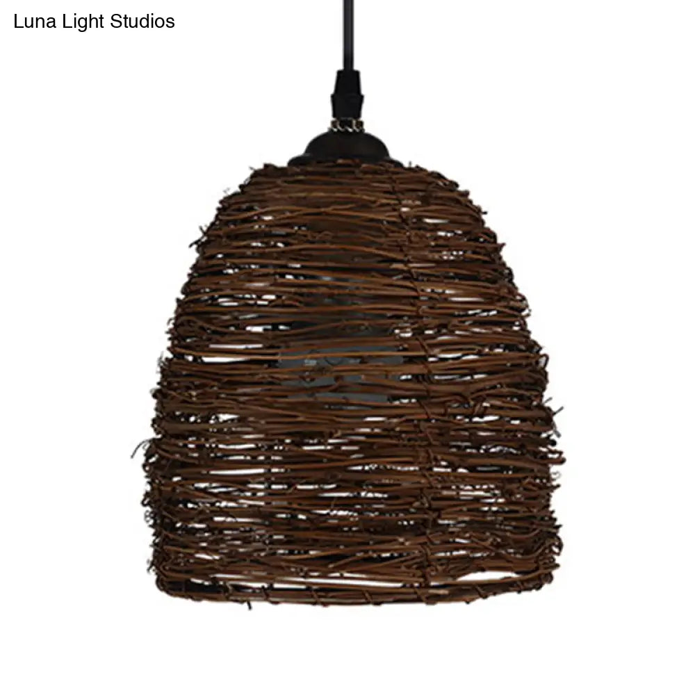 Contemporary Style Rattan Hanging Lamp With Conic Design: 1 Head Beige/Brown Suspension Light For