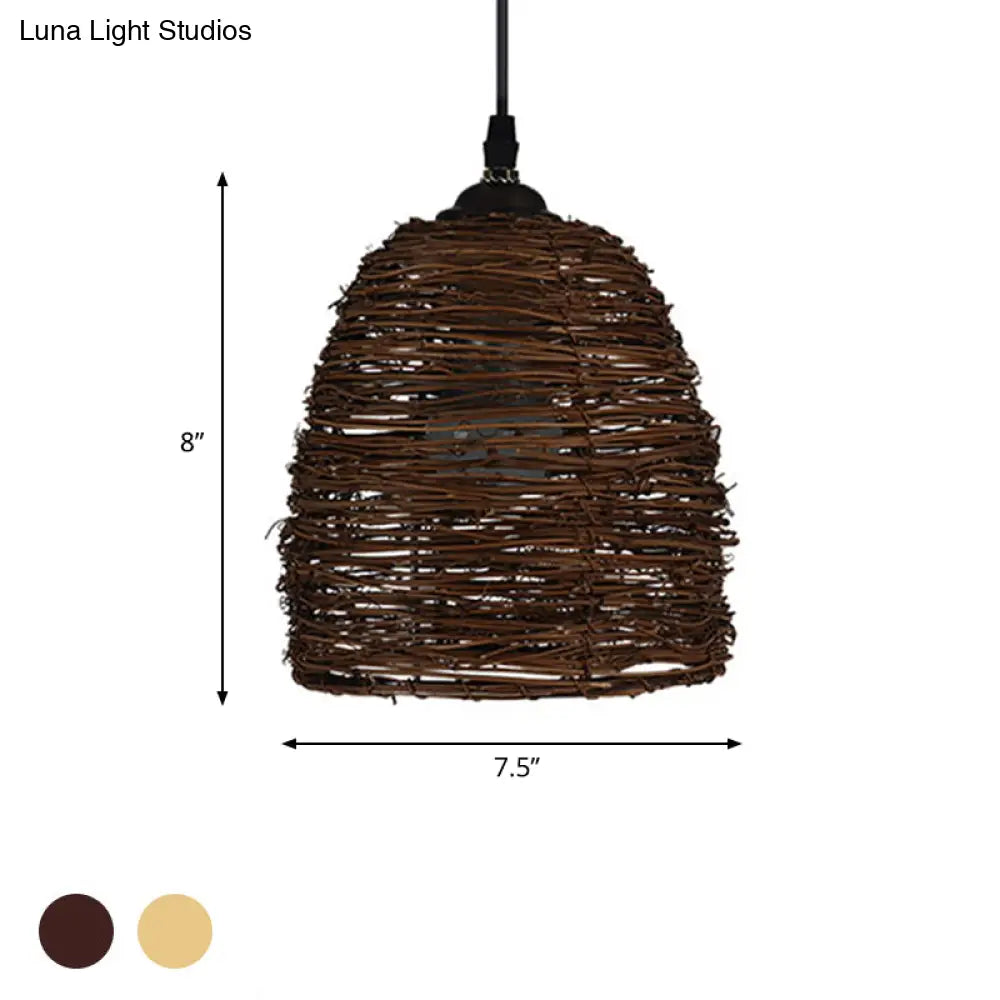 Contemporary Style Rattan Hanging Lamp With Conic Design: 1 Head Beige/Brown Suspension Light For