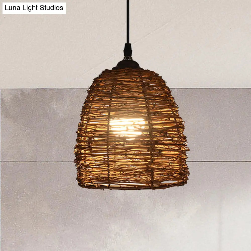 Contemporary Style Rattan Hanging Lamp With Conic Design: 1 Head Beige/Brown Suspension Light For