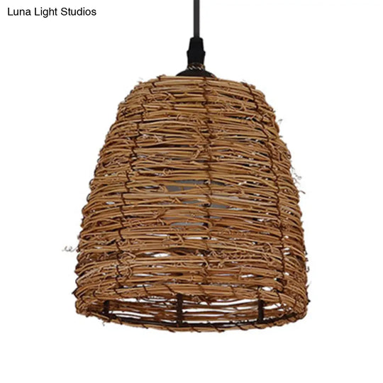 Contemporary Style Rattan Hanging Lamp With Conic Design: 1 Head Beige/Brown Suspension Light For