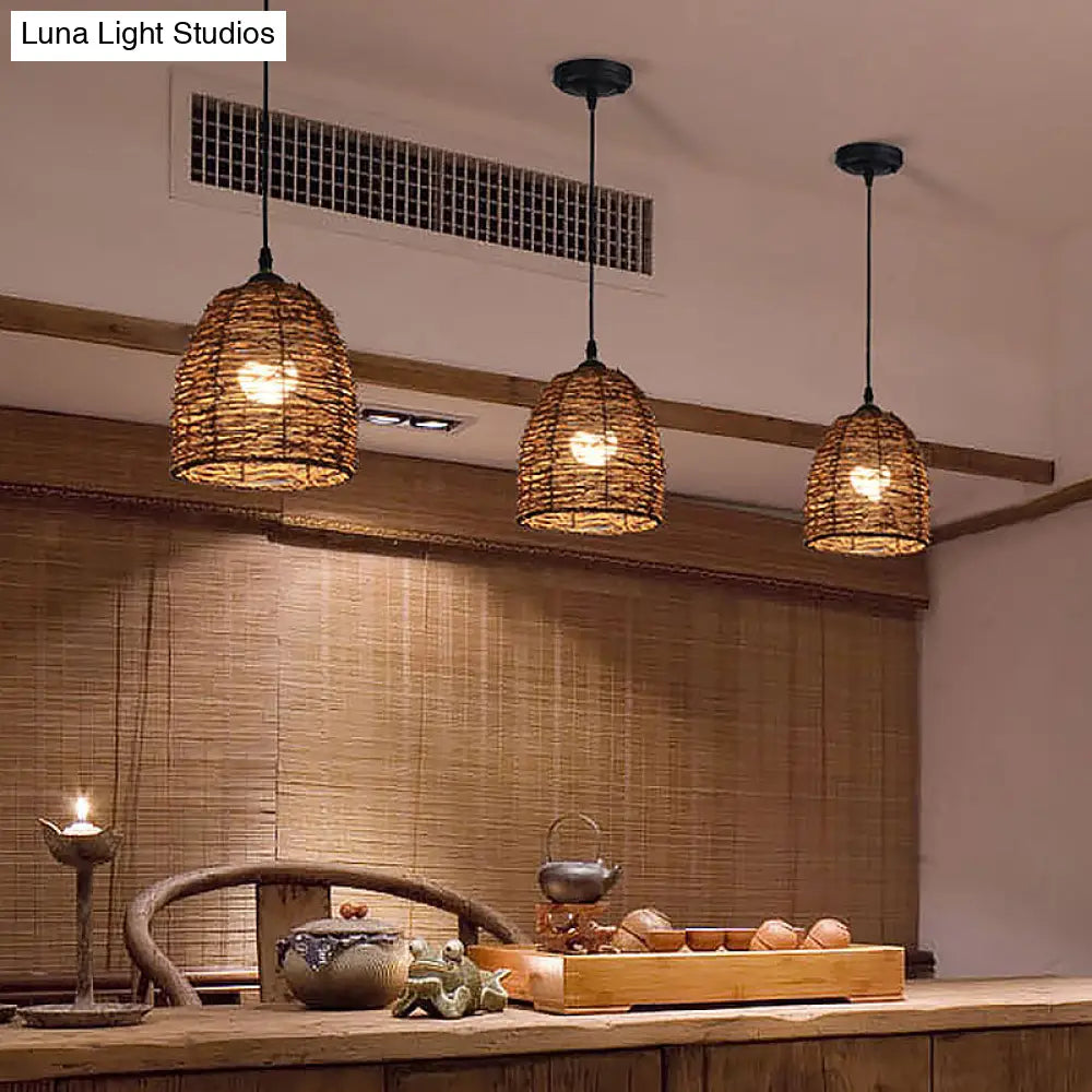Contemporary Style Rattan Hanging Lamp With Conic Design: 1 Head Beige/Brown Suspension Light For