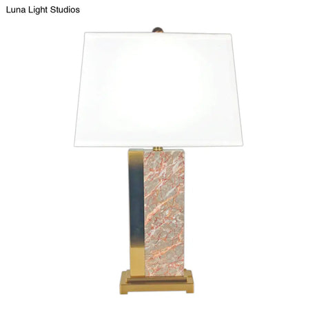 Contemporary Trapezoid Fabric Table Light - 1-Bulb White Night Lamp With Red Marble Base