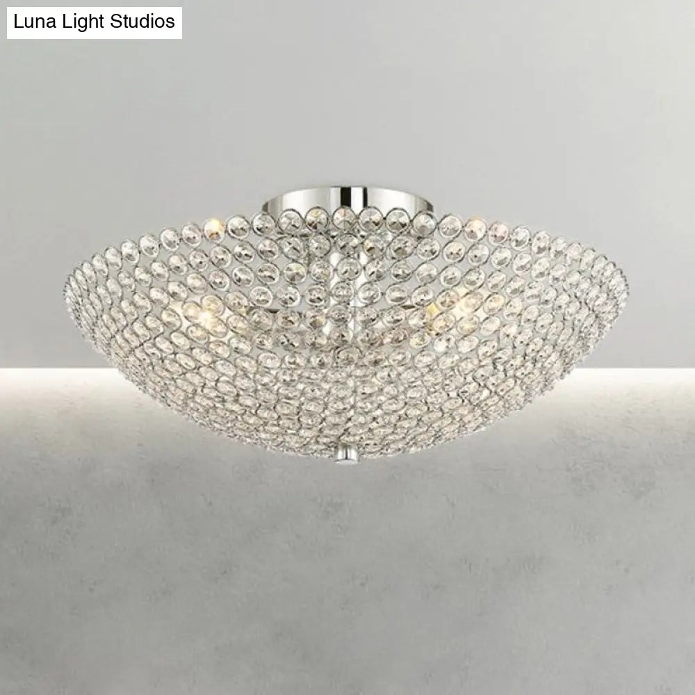 Contemporary Triple Light Chrome Flush Mount Ceiling With Clear K9 Crystal Bowl