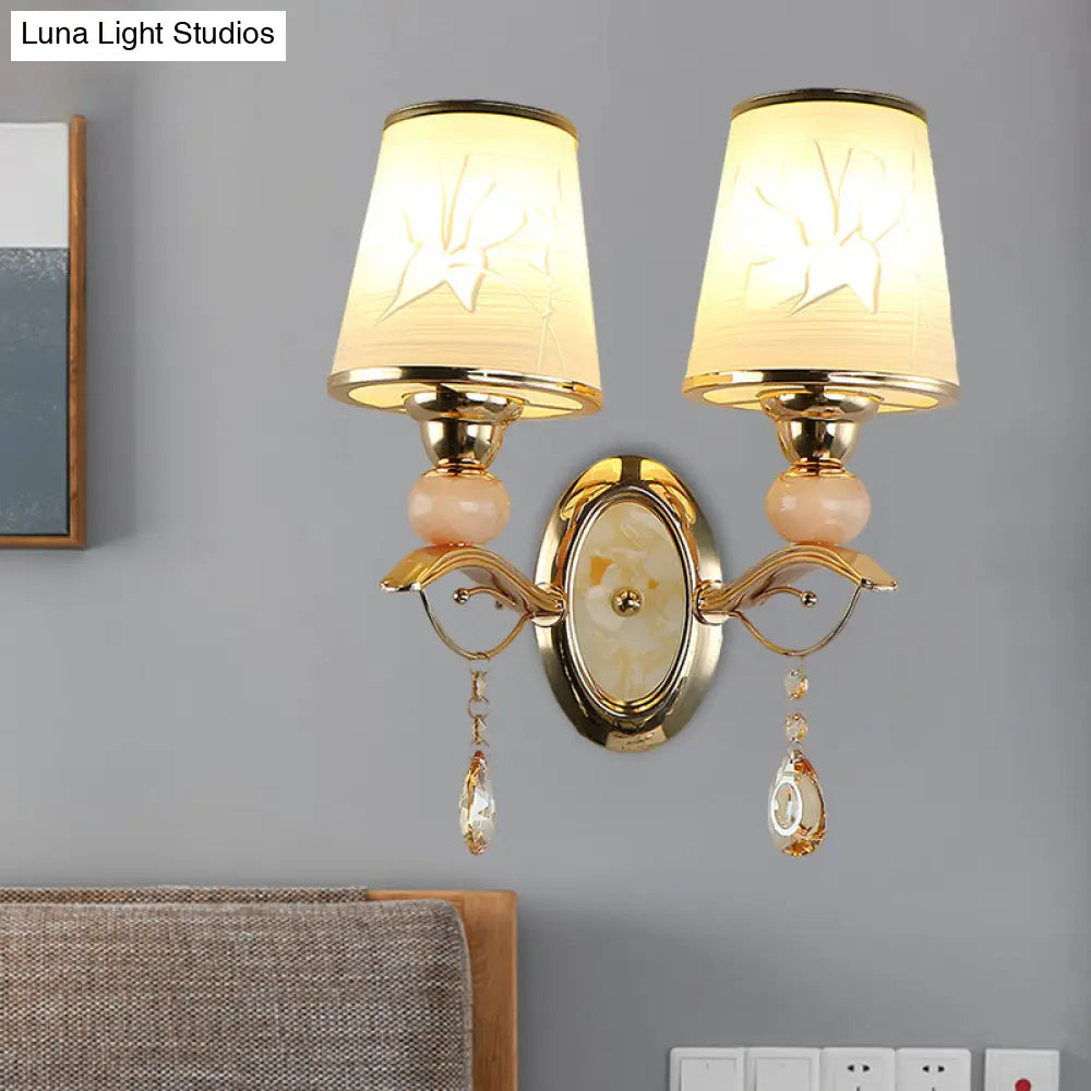 Contemporary Wall Lamp With Crystal Droplet - Amber Glass And Gold Finish
