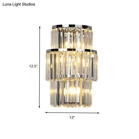 Contemporary Wall Mounted Crystal Cylinder Sconce Light - 3 Silver Lights