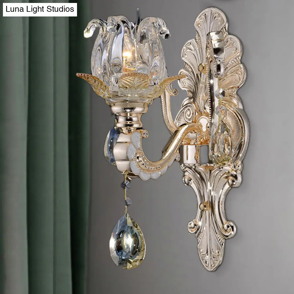 Contemporary Wall-Mounted Floral Sconce Light Fixture With Crystal Drop - Clear Glass 1/2 Heads 1 /
