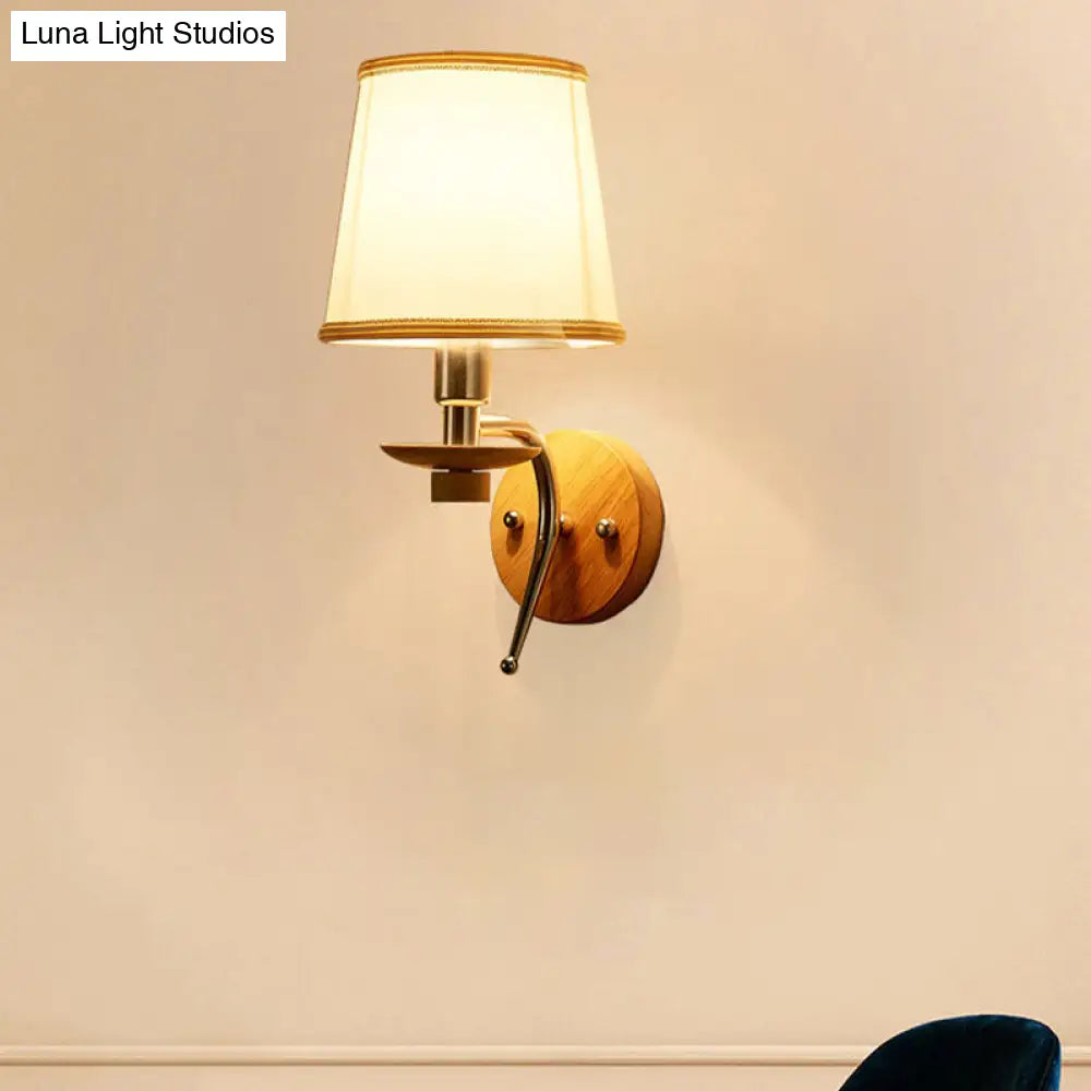Contemporary White/Beige Fabric Wall Sconce For Corridor - Tapered Mount Fixture With 1 Bulb