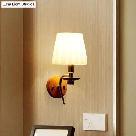 Contemporary White/Beige Fabric Wall Sconce For Corridor - Tapered Mount Fixture With 1 Bulb