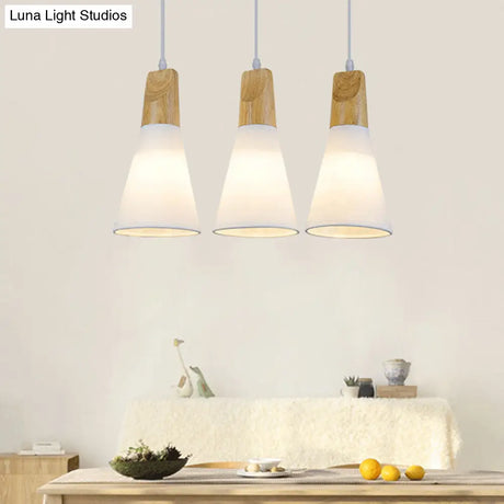 Contemporary White/Black Fabric And Wood Pendant Lamp - 3 Lights Cone Hanging Ceiling Light