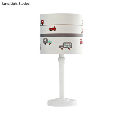 Contemporary White Drum Nightstand Table Lamp With Fabric Shade