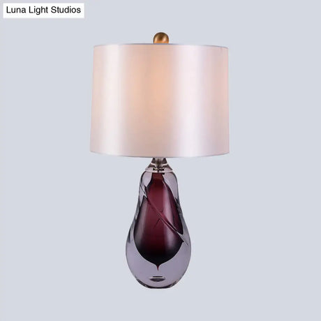 Contemporary White Drum Table Light With Teardrop Red Crystal Base - Small Desk Lamp