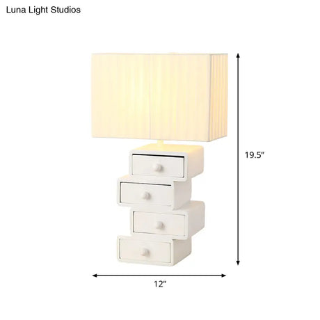 Contemporary White Nightstand Lamp With Drawer - Rectangle Fabric Table Light