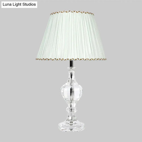 Contemporary White Pleated Shade Table Lamp With Beveled Crystal Prism Nightstand Light