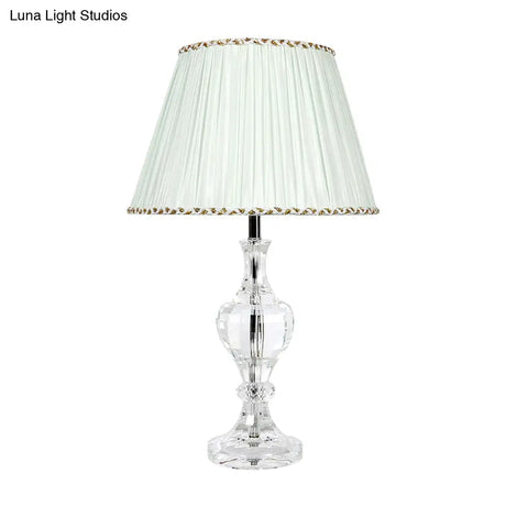 Contemporary White Pleated Shade Table Lamp With Beveled Crystal Prism Nightstand Light