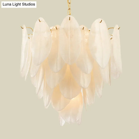 Contemporary White Textured Glass Leaf Chandelier With 6 Gold Bulbs For Bedroom Suspension Lighting