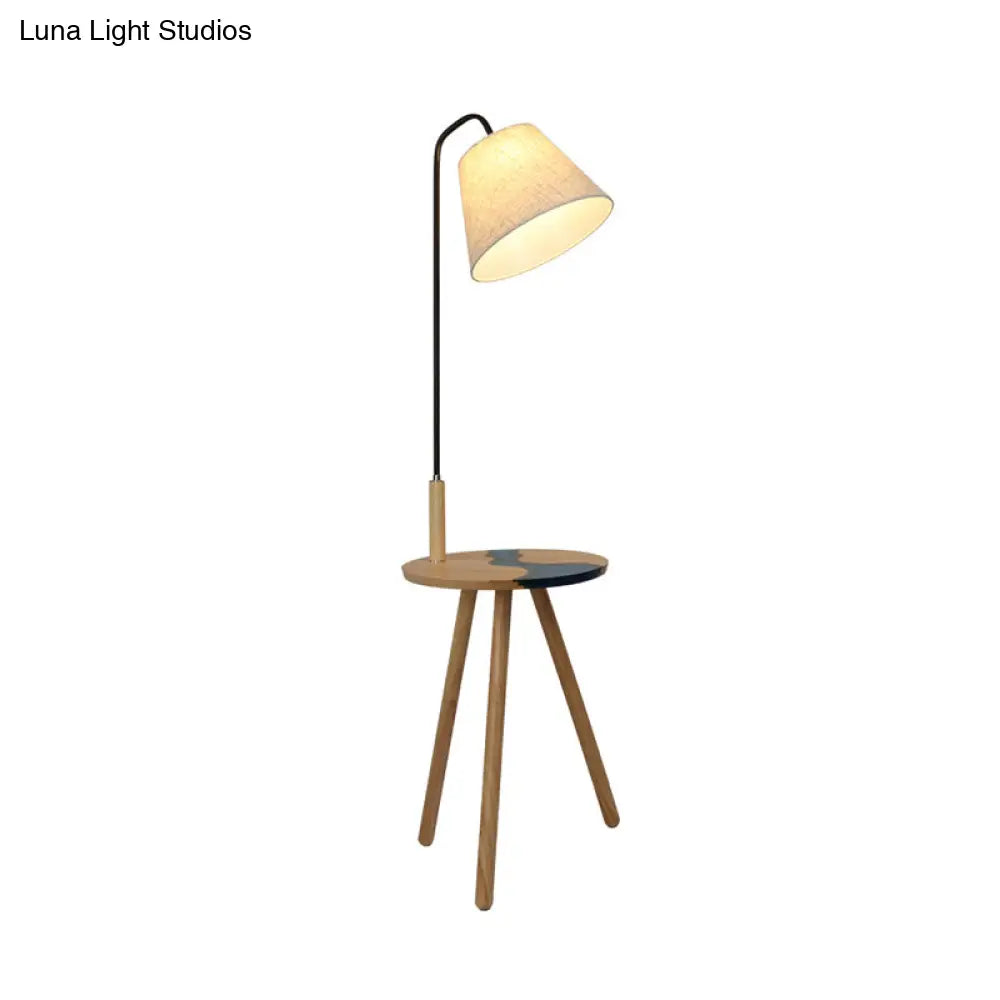 Contemporary White Wood Standing Lamp With Fabric Shade - Single Floor Table Light