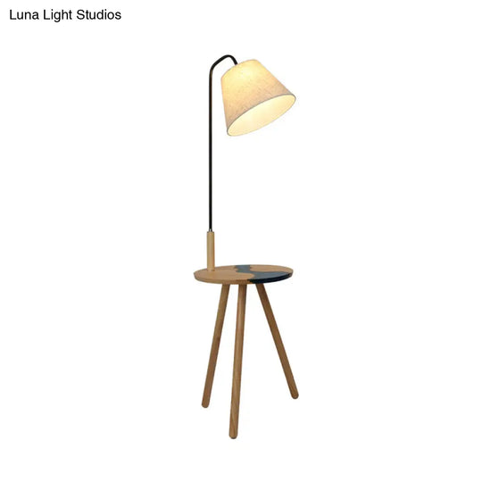 Contemporary White Wood Standing Lamp With Fabric Shade - Single Floor Table Light