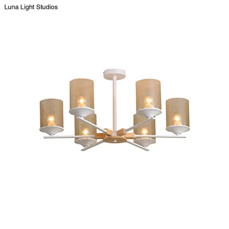 Contemporary Wood Cognac Chandelier - Cylinder Shade 3/6 Heads Lighting For Living Room