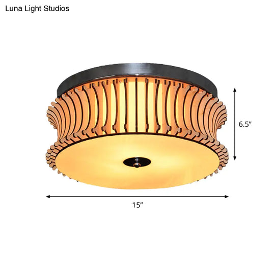 Contemporary Wood Drum Flushmount Lighting With 3 Beige Heads - Ceiling Flush Mount Lamp