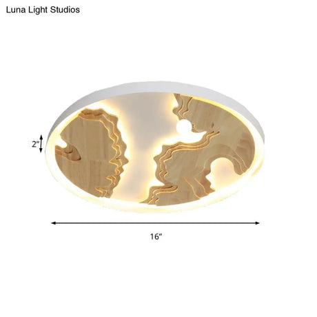 Contemporary Wood Gold/White Round Led Flush Mount Lamp For Living Room Ceiling -