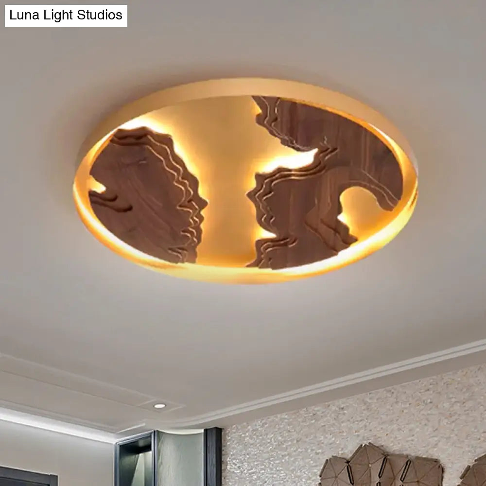 Contemporary Wood Gold/White Round Led Flush Mount Lamp For Living Room Ceiling -