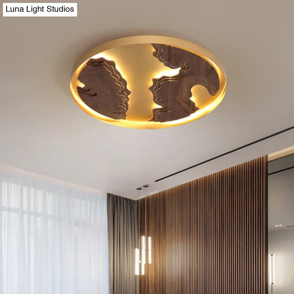 Contemporary Wood Gold/White Round Led Flush Mount Lamp For Living Room Ceiling -