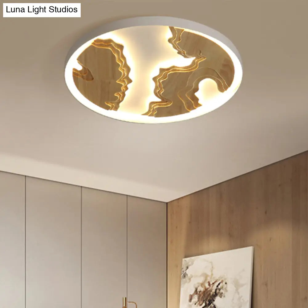 Contemporary Wood Gold/White Round Led Flush Mount Lamp For Living Room Ceiling -