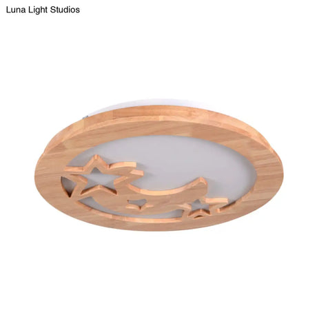 Contemporary Wood Led Ceiling Lamp With Carved Moon And Star Design - Natural Flush Mount Light For