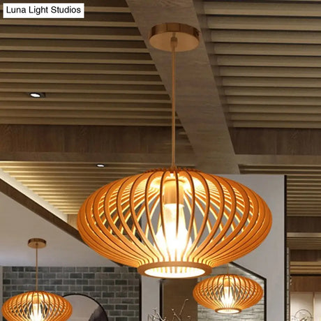Contemporary Wooden Lantern Pendant Light In Beige For Living Room