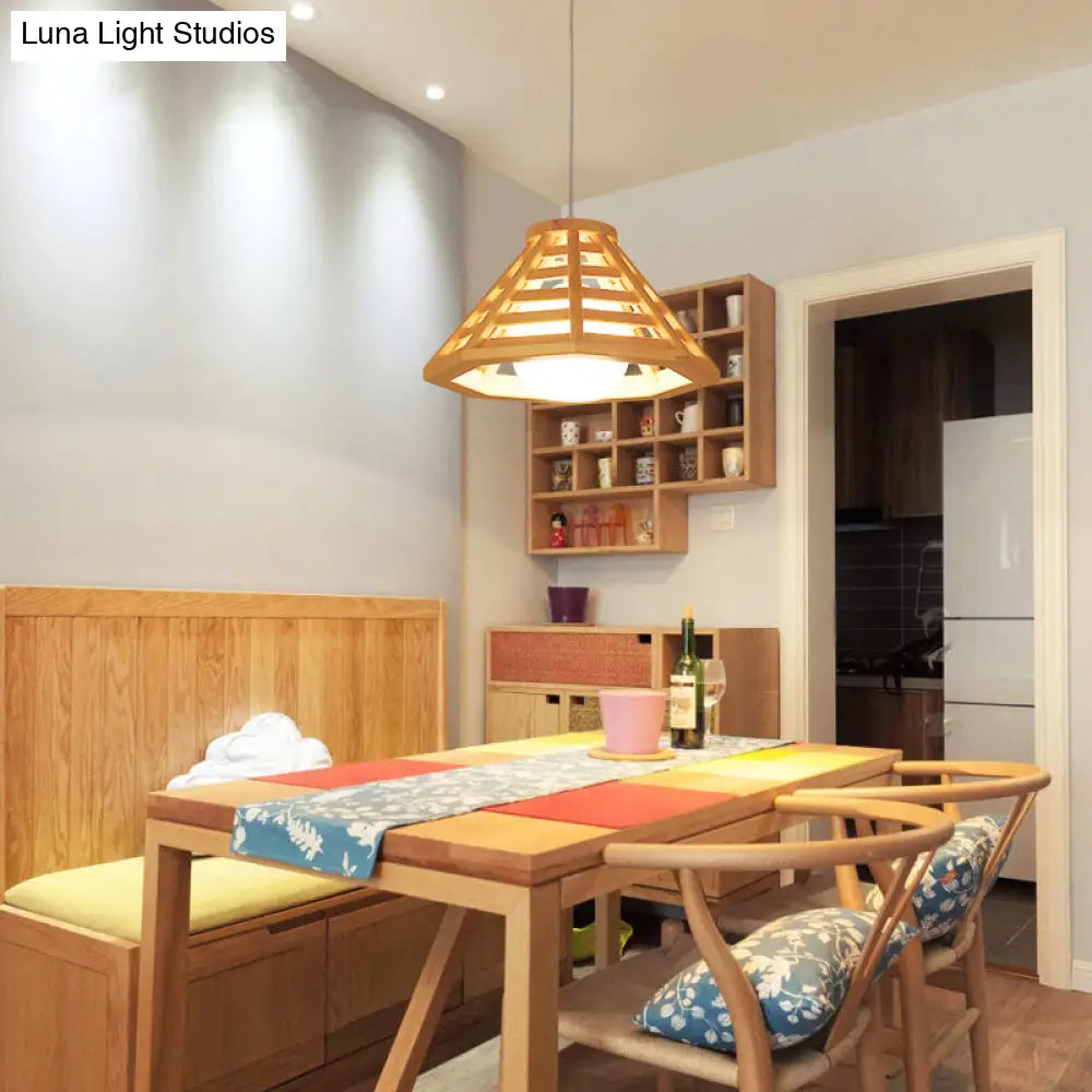 Contemporary Wood Pendant Ceiling Light With Cream Glass Shade - Perfect For Dining Rooms / Small B