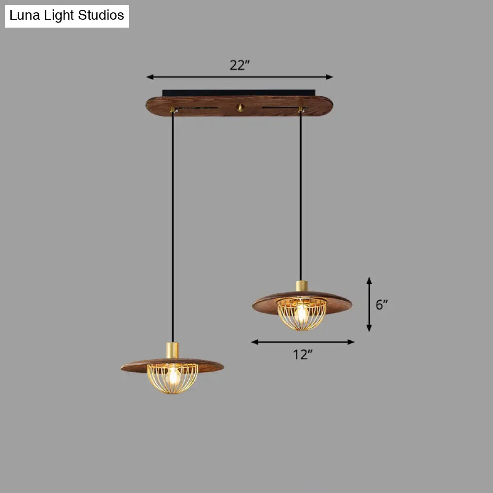 Contemporary Wooden Pendant Light With Cage Bottom - 1-Light Hanging Ceiling Fixture 2 / Coffee