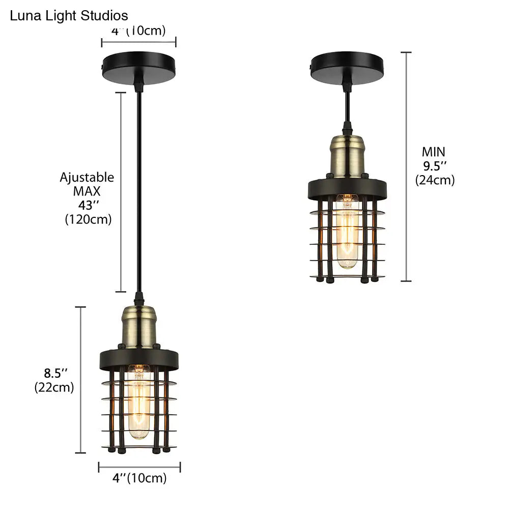 Iron Cylindrical Ceiling Fixture Retro Industrial Hanging Lamp With Wire Cage Shade