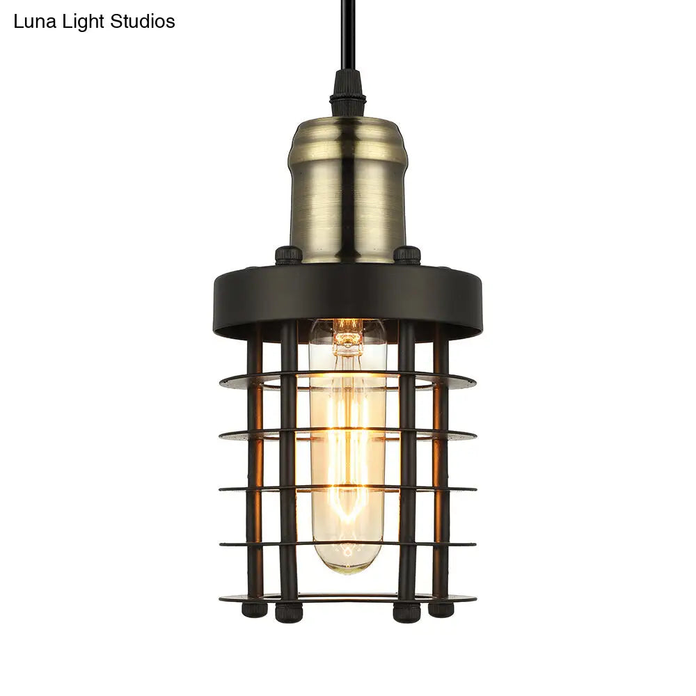 Iron Cylindrical Ceiling Fixture Retro Industrial Hanging Lamp With Wire Cage Shade