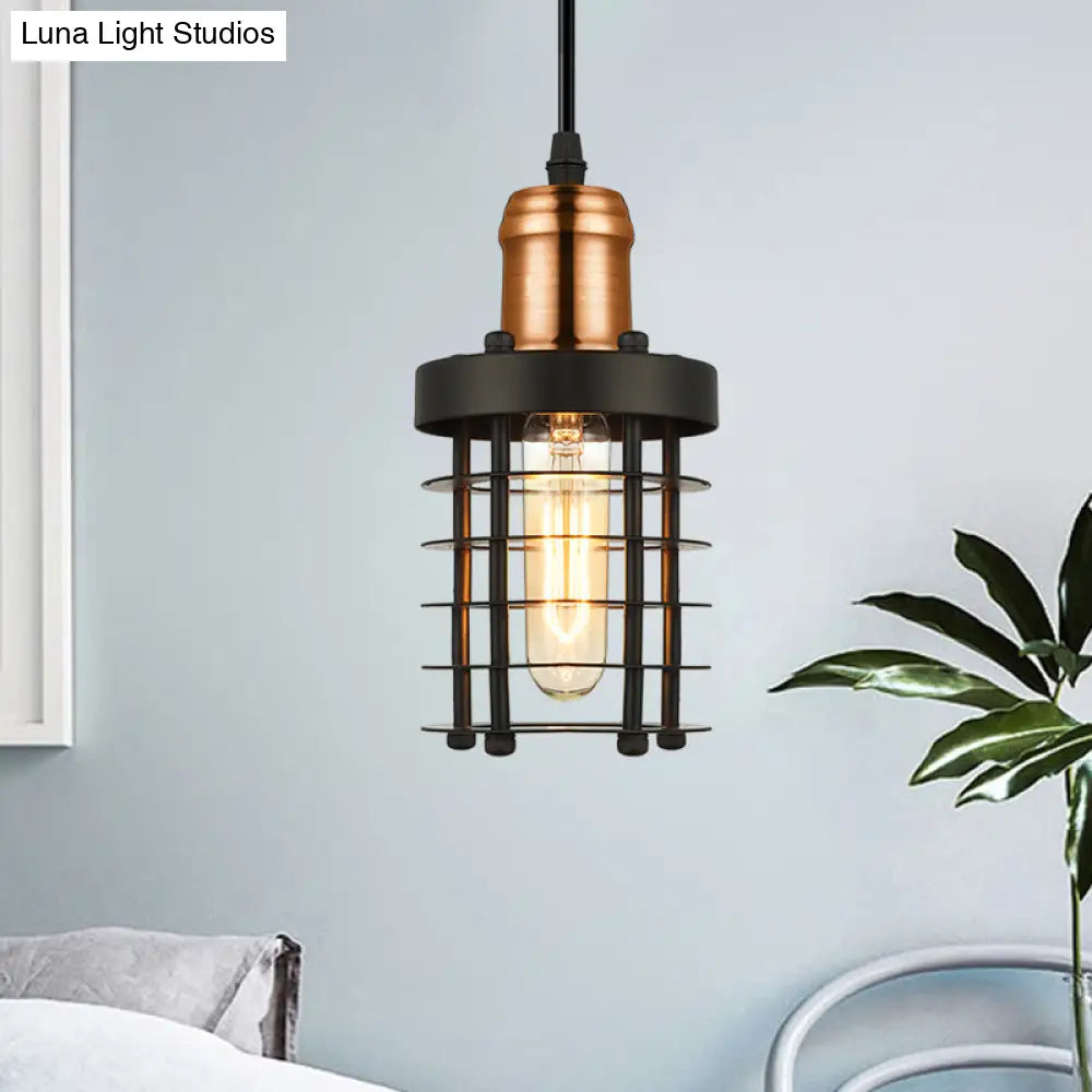 Copper/Aged Brass Ceiling Lamp With Retro Industrial Look & Wire Cage Shade