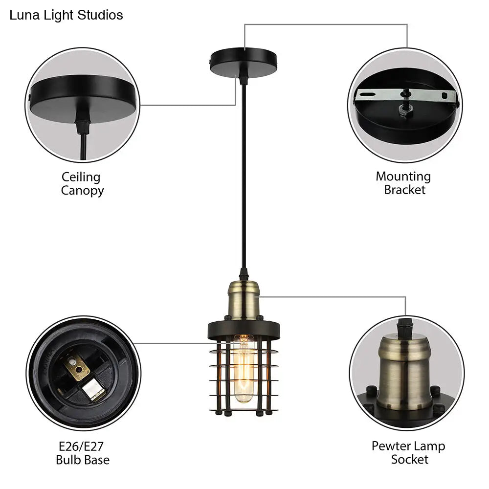 Iron Cylindrical Ceiling Fixture Retro Industrial Hanging Lamp With Wire Cage Shade