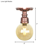 Copper Finish Semi Flush Mount Vintage Ceiling Lamp With Amber Glass Orb