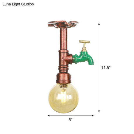 Copper Finish Semi Flush Mount Vintage Ceiling Lamp With Amber Glass Orb