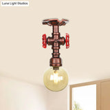 Copper Finish Semi Flush Mount Vintage Ceiling Lamp With Amber Glass Orb